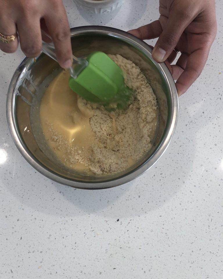 Add wet ingredients to dry ingredients and mix well