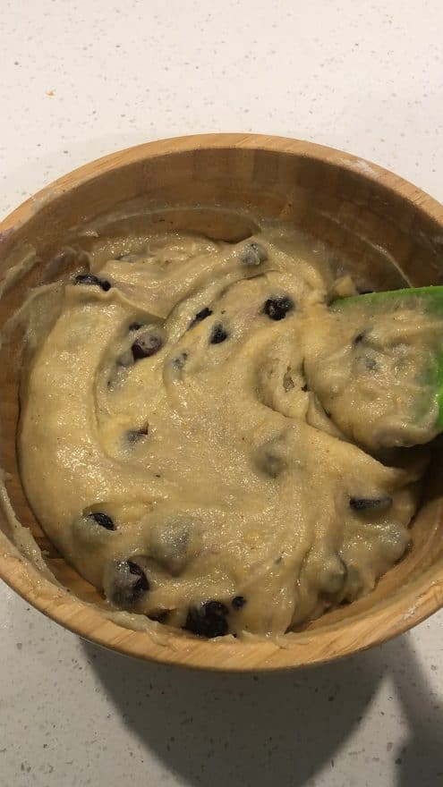 Mix dry and wet ingredients and add blueberries