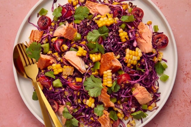 Corn and red cabbage salad with smoked fish