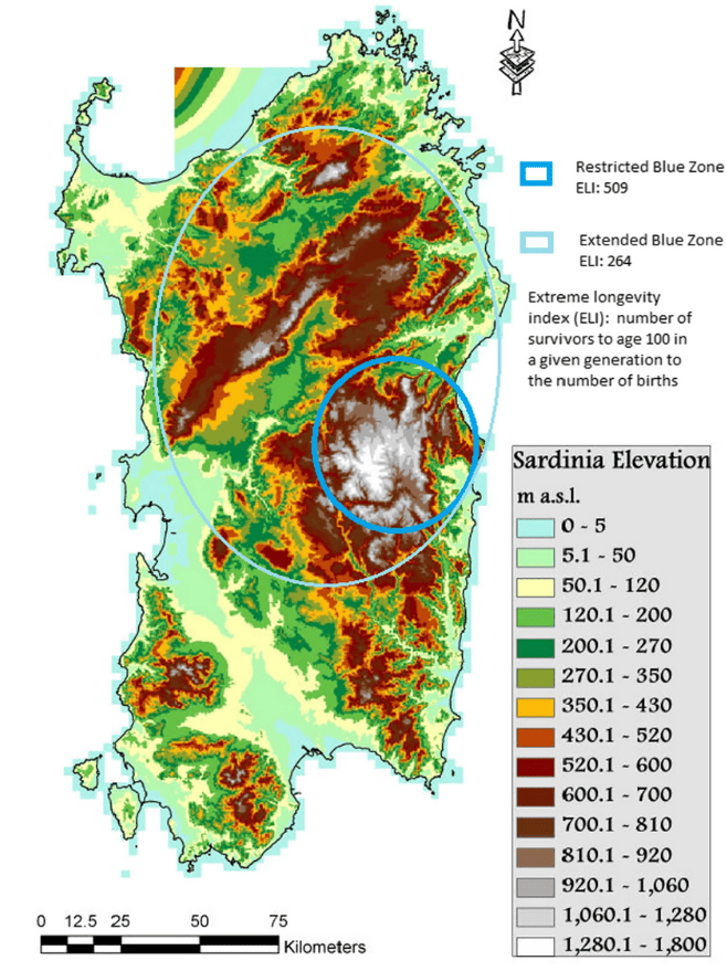 Location of the Blues Zones in Sardinia