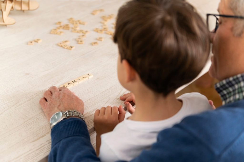 Father and son playing a puzzle